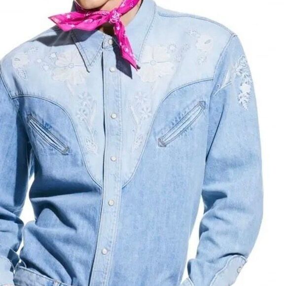 Zara x Barbie Men’s Light Denim Embroidered Western Snap Button Shirt Large NWT - Picture 2 of 15